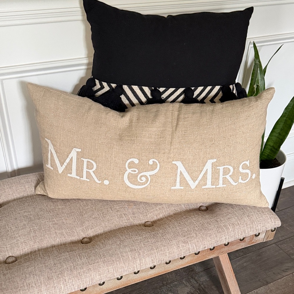 Mr. & Mrs. Burlap Lumbar Pillow - Natural with White Lettering